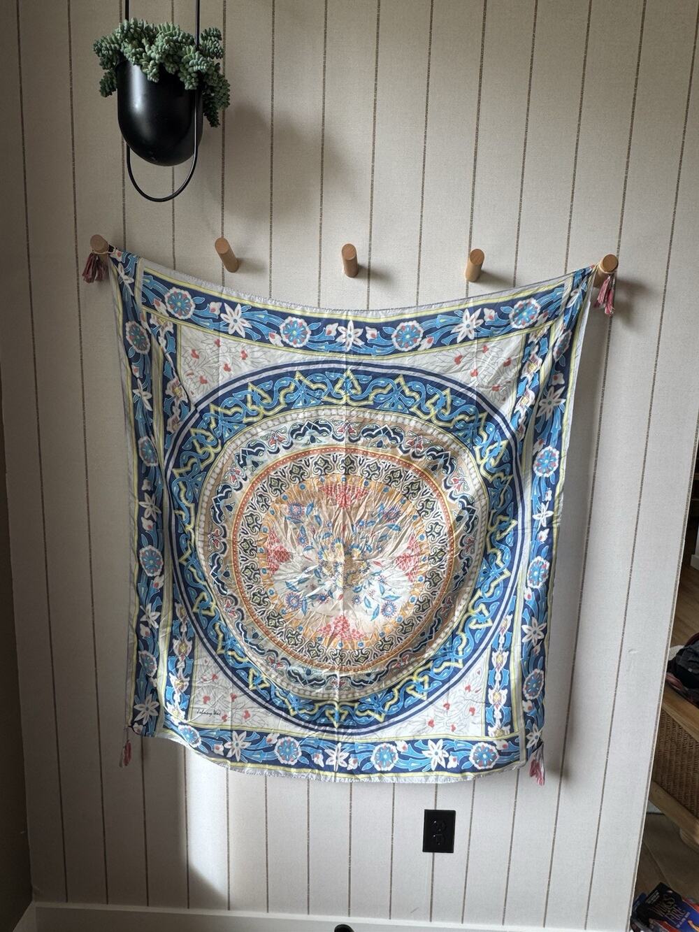 Johnny Was 100% Silk Square Tassel Scarf Floral Blue Bohemian 43” Wrap Festival